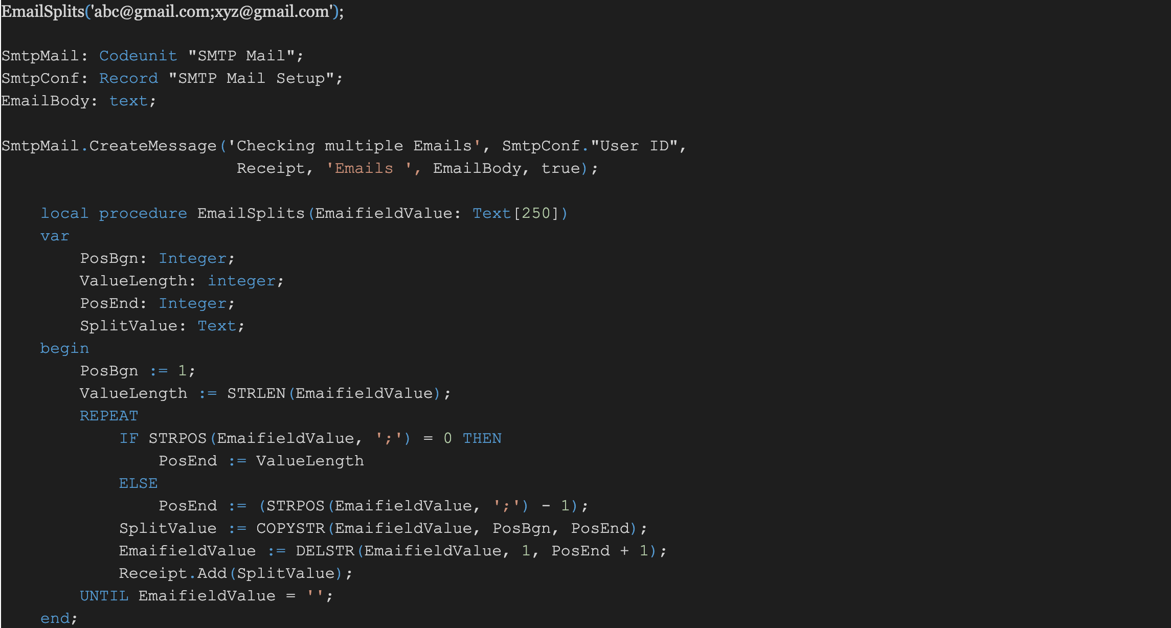 Splits multiple email ids in to (List of Text) data type before sending an email notifications to someone through AL code.